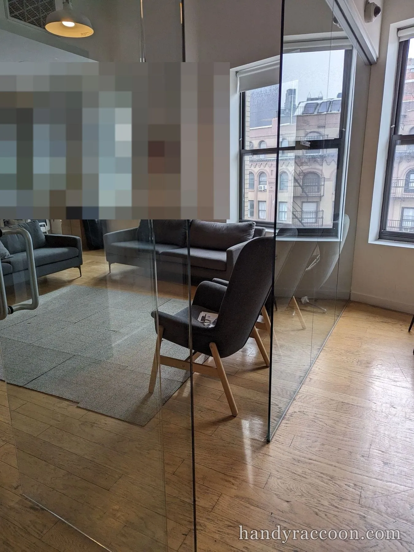 Dark sofa and armchair on a rug behind a glass partition in an office with window city views.