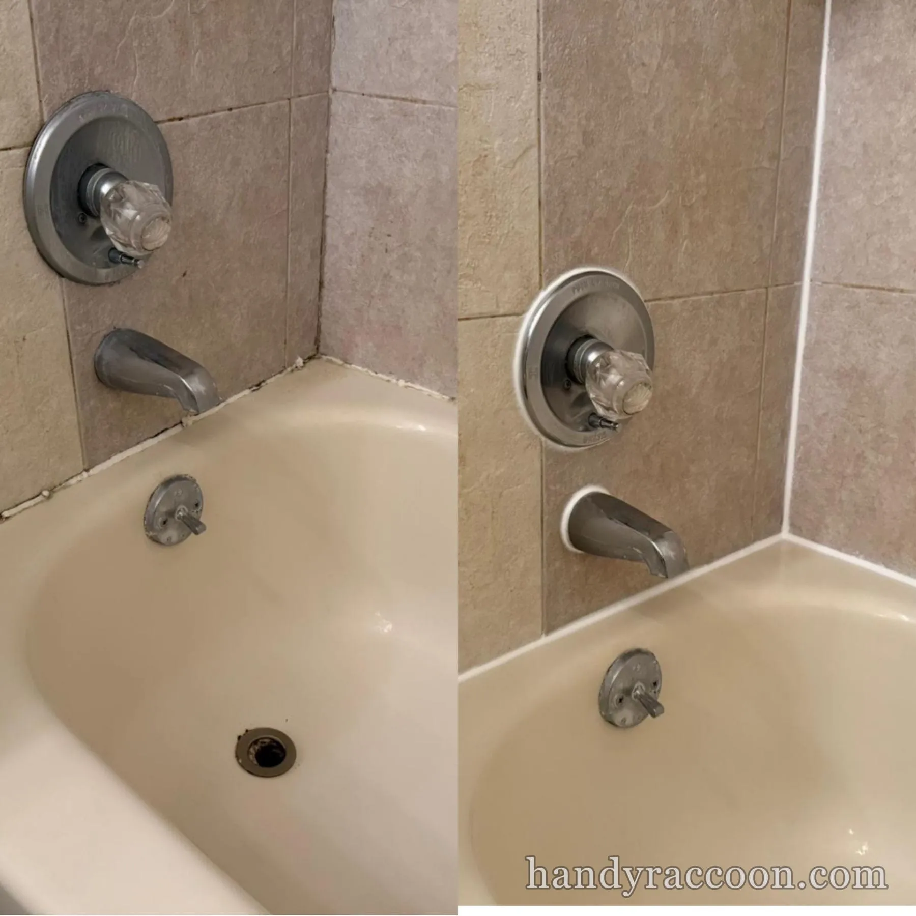 Split before and after showing old caulk replaced with clean white caulk on a tan tile tub.