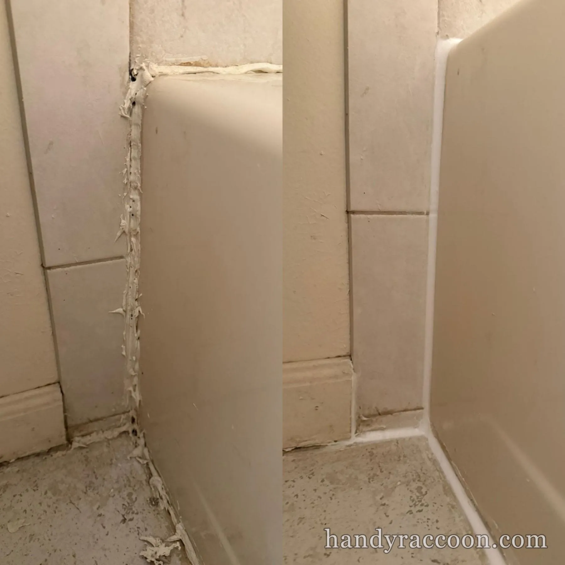 Split image of a bathtub wall corner, old cracked caulk versus a fresh white caulk bead.