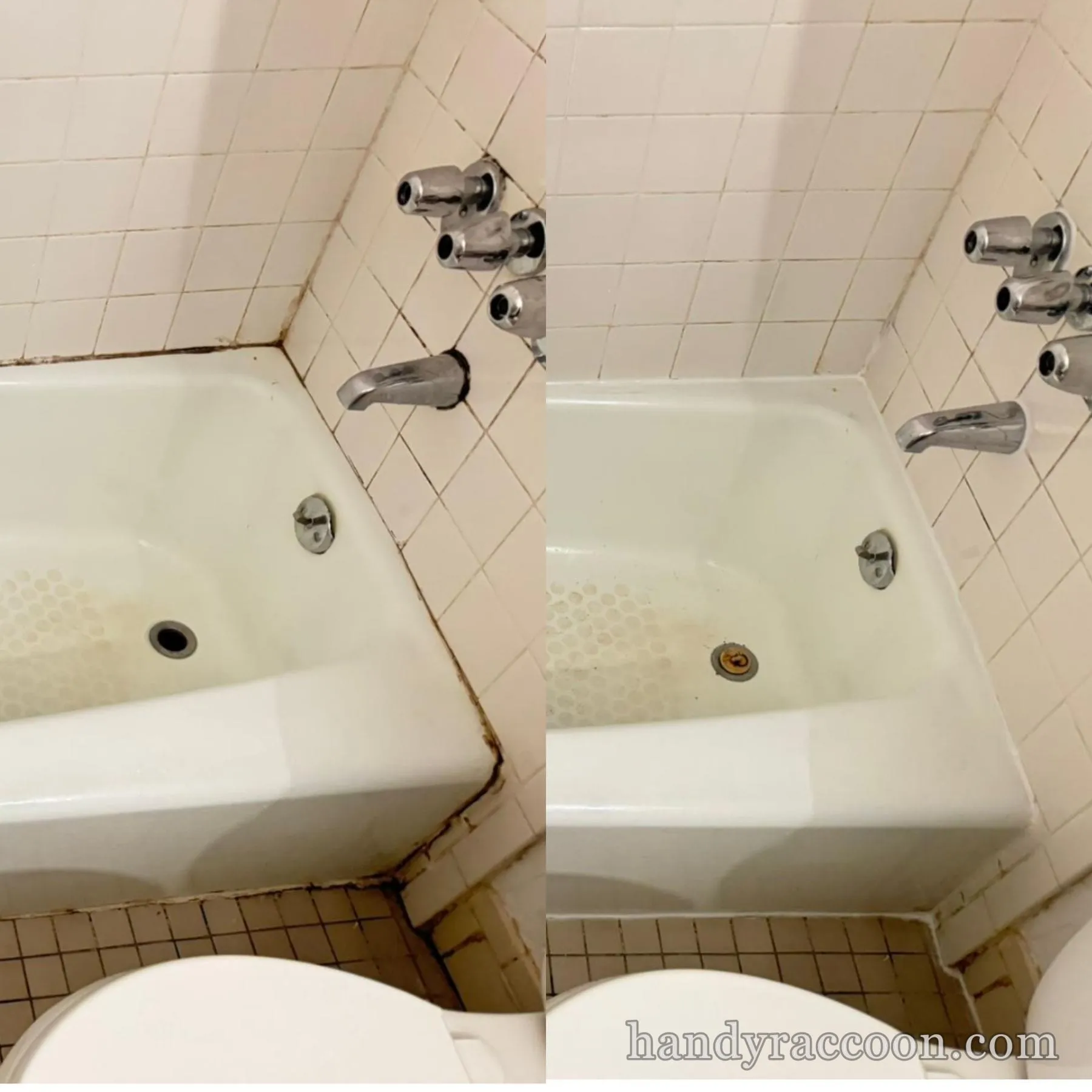Split before and after of a white tile tub corner, discolored old caulk versus fresh caulk.
