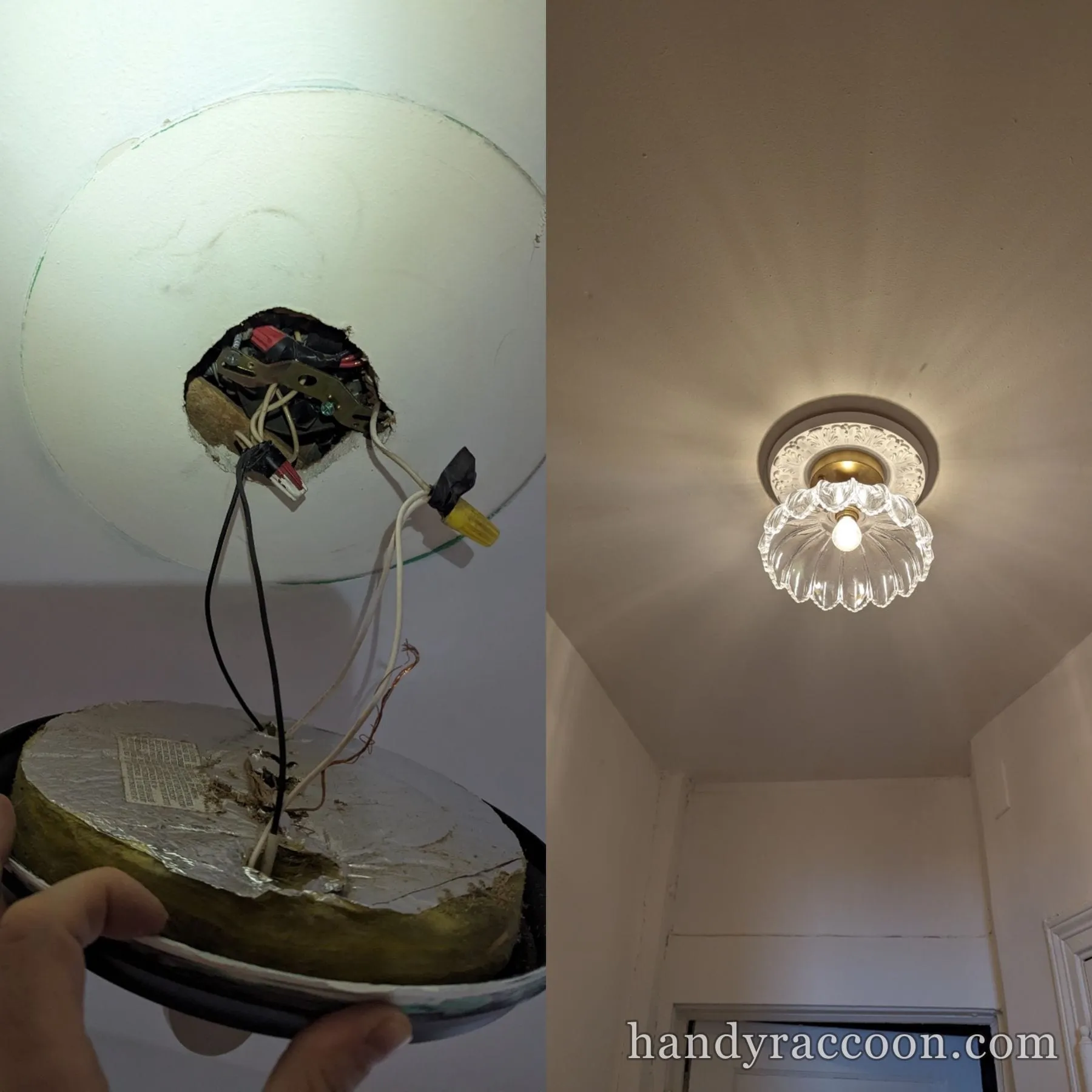 Split image showing removed old ceiling wiring and a finished glass flush-mount light.