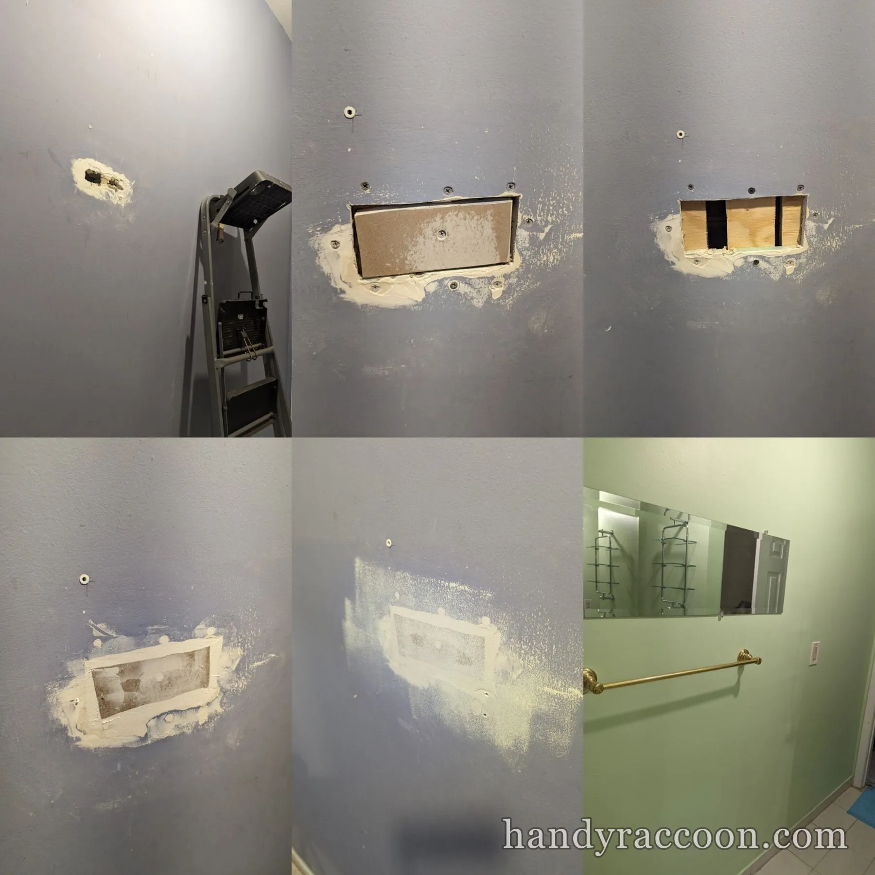 Six-panel sequence of a drywall hole repair from cutout and backing to a finished green wall with mirror.