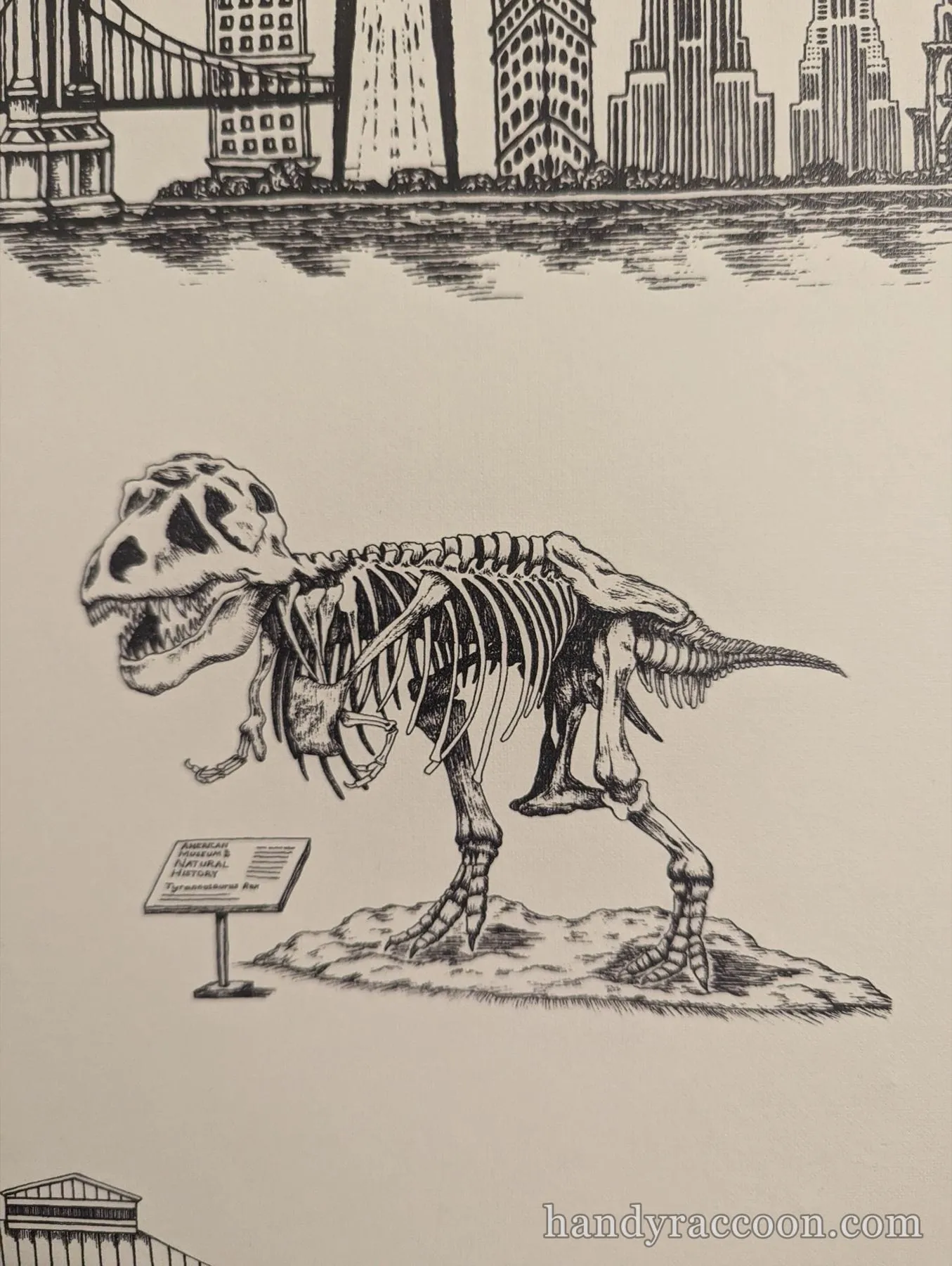 Close-up of black-and-white NYC toile wallpaper showing a dinosaur skeleton and skyscrapers.