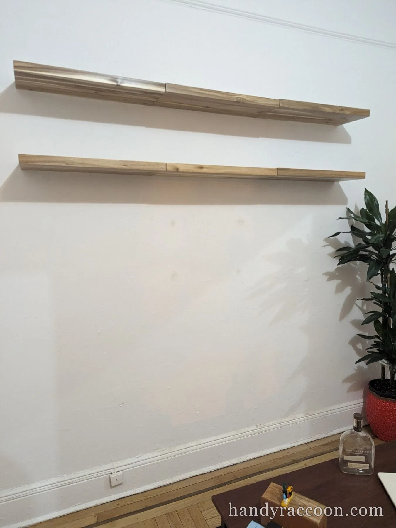 Two long light wood floating shelves mounted level on a clean white wall beside a potted plant.