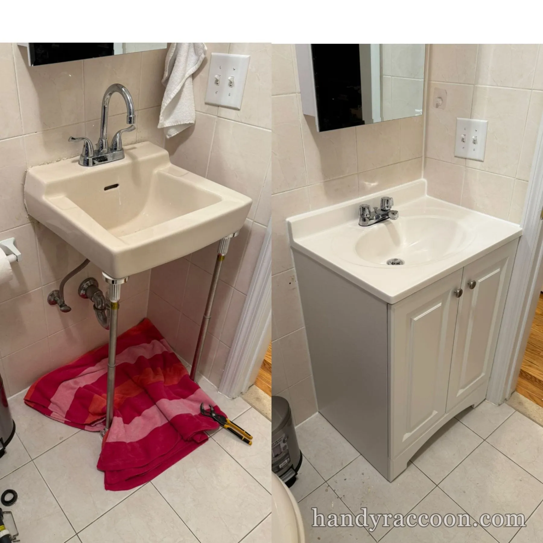 Side by side of an old wall-mounted bathroom sink and a new white vanity cabinet with sink in a tiled bathroom.